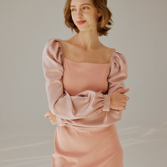 🆕 NAP Loungewear Square Neck Puff Sleeve Midi Dress in Peach Pink - Picture 4 of 10